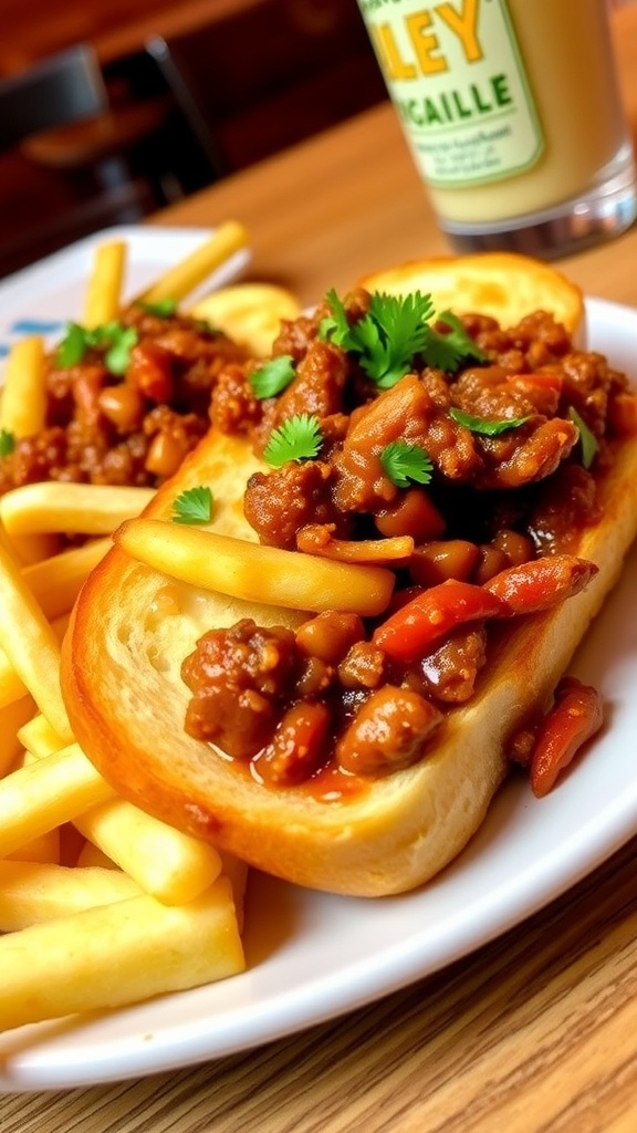 Spicy Garlic Bread Sloppy Joes Recipe Spicy garlic bread sloppy joes on a plate with parsley garnish and fries.